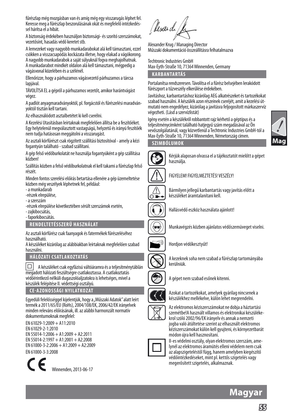 Magyar | AEG TS 250 K User Manual | Page 58 / 79