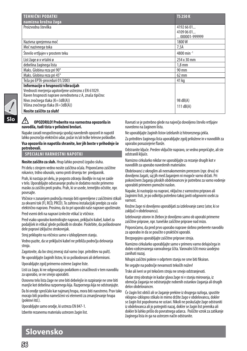 Slovensko | AEG TS 250 K User Manual | Page 59 / 79