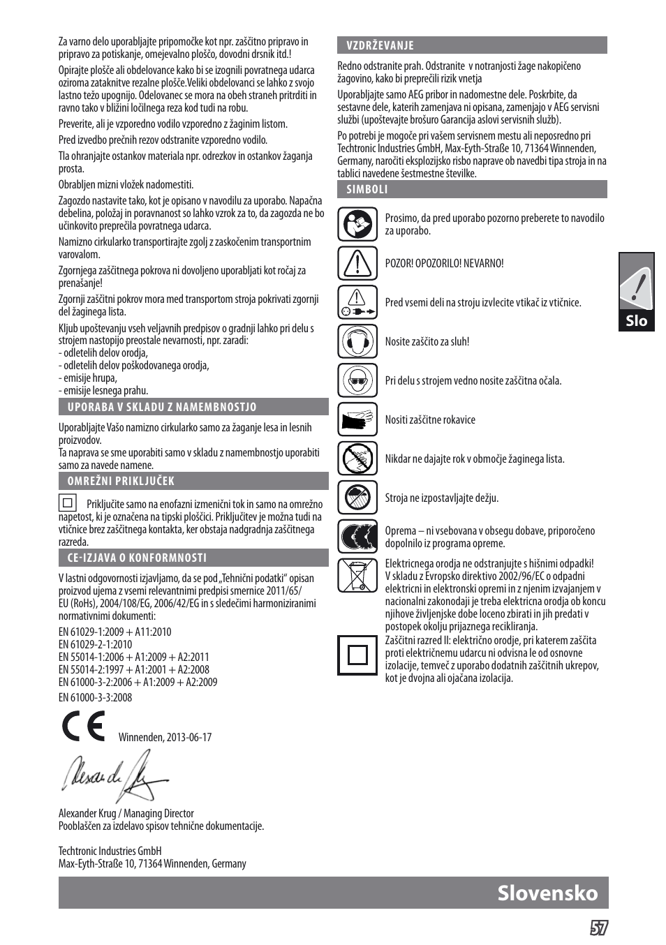 Slovensko | AEG TS 250 K User Manual | Page 60 / 79