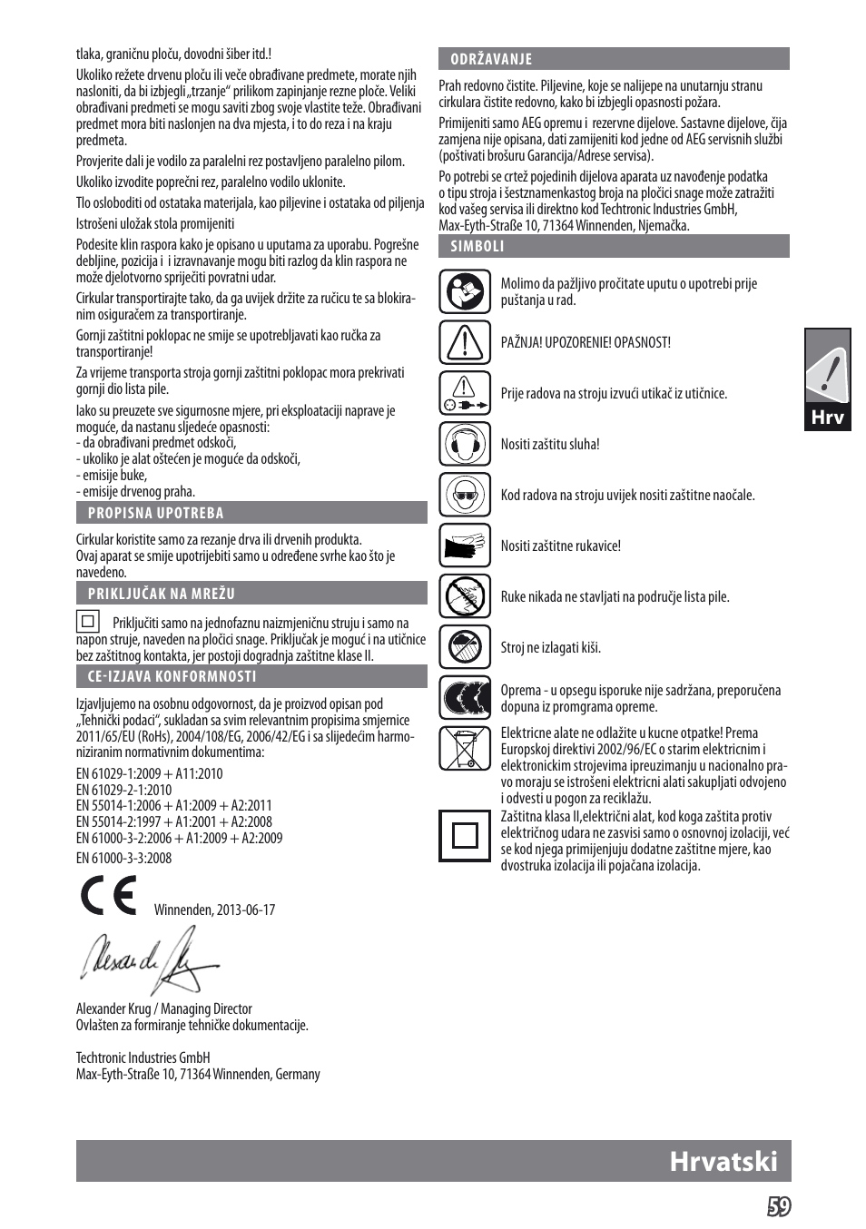 Hrvatski | AEG TS 250 K User Manual | Page 62 / 79