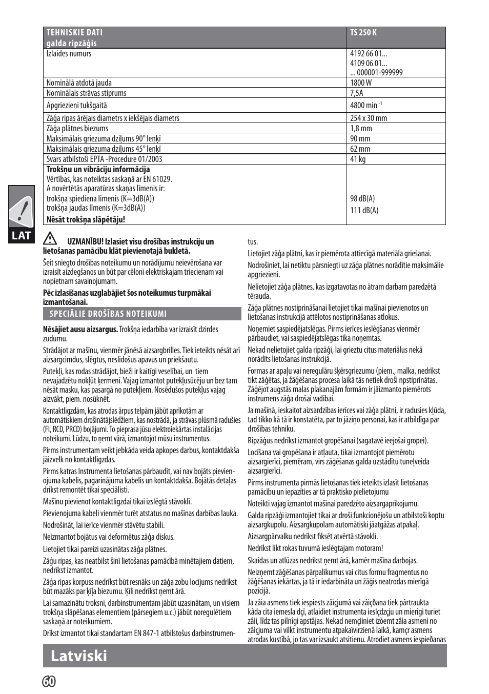 Latviski | AEG TS 250 K User Manual | Page 63 / 79