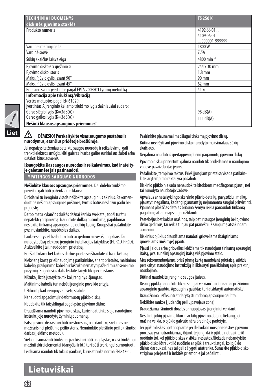 Lietuviškai, Liet | AEG TS 250 K User Manual | Page 65 / 79