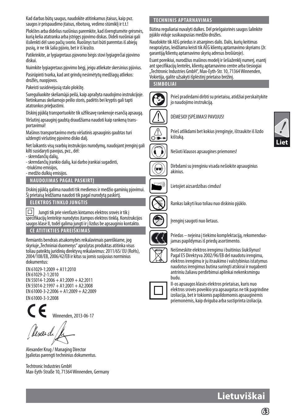 Lietuviškai, Liet | AEG TS 250 K User Manual | Page 66 / 79