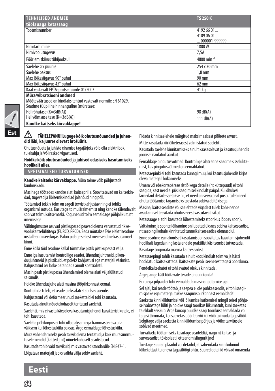 Eesti | AEG TS 250 K User Manual | Page 67 / 79