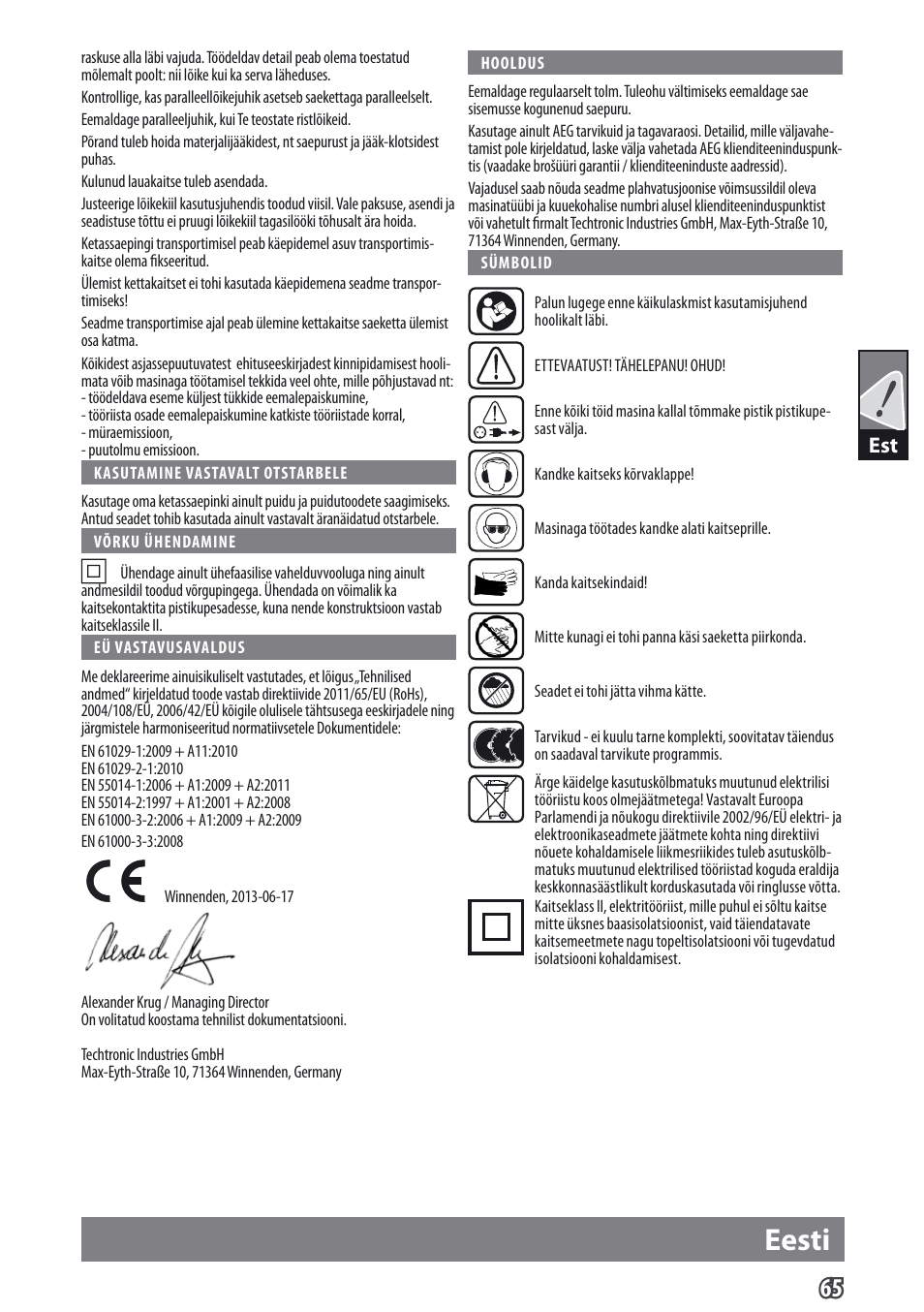 Eesti | AEG TS 250 K User Manual | Page 68 / 79