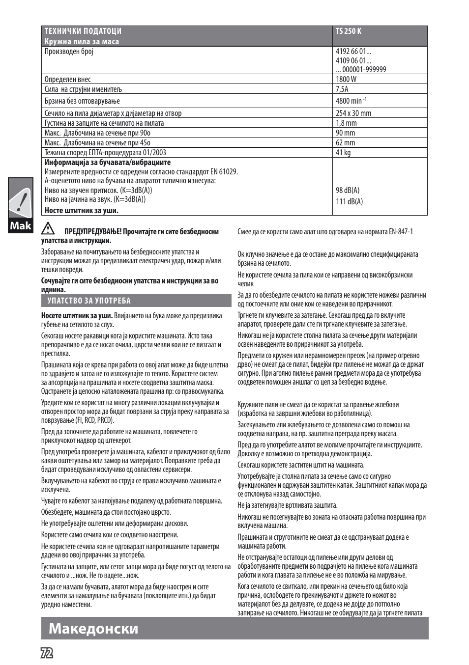 Македонски | AEG TS 250 K User Manual | Page 75 / 79