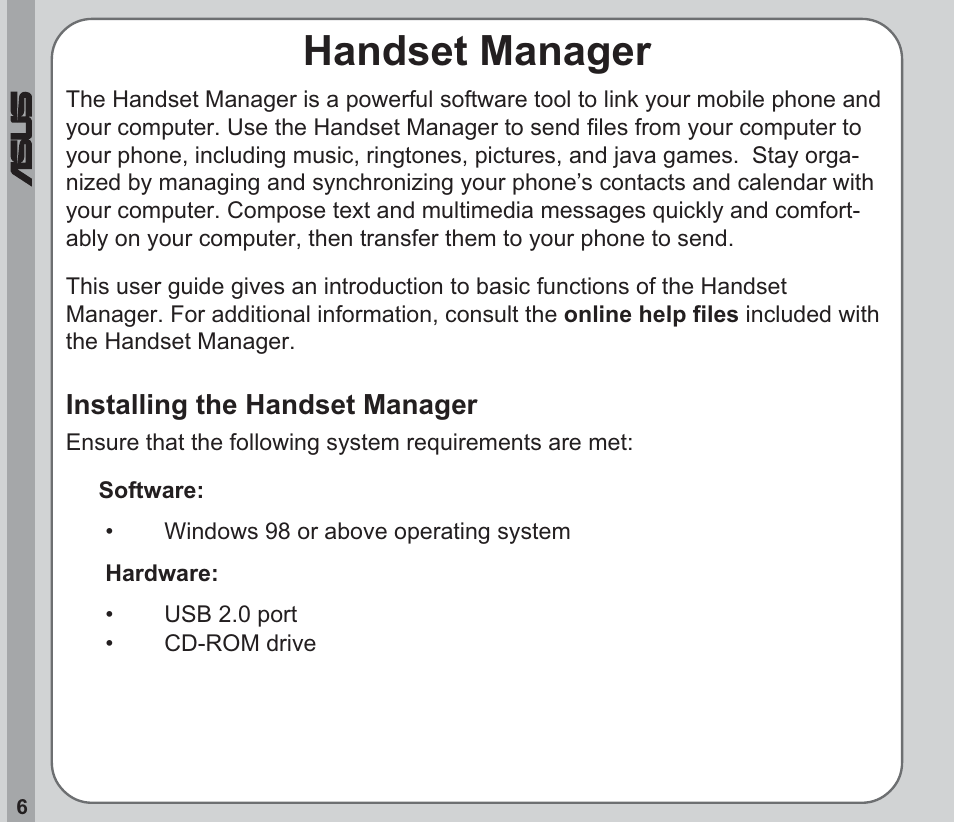 Handset manager, Installing the handset manager | Asus V66 User Manual | Page 10 / 50