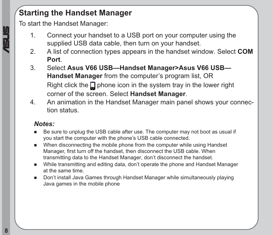 Starting the handset manager | Asus V66 User Manual | Page 12 / 50