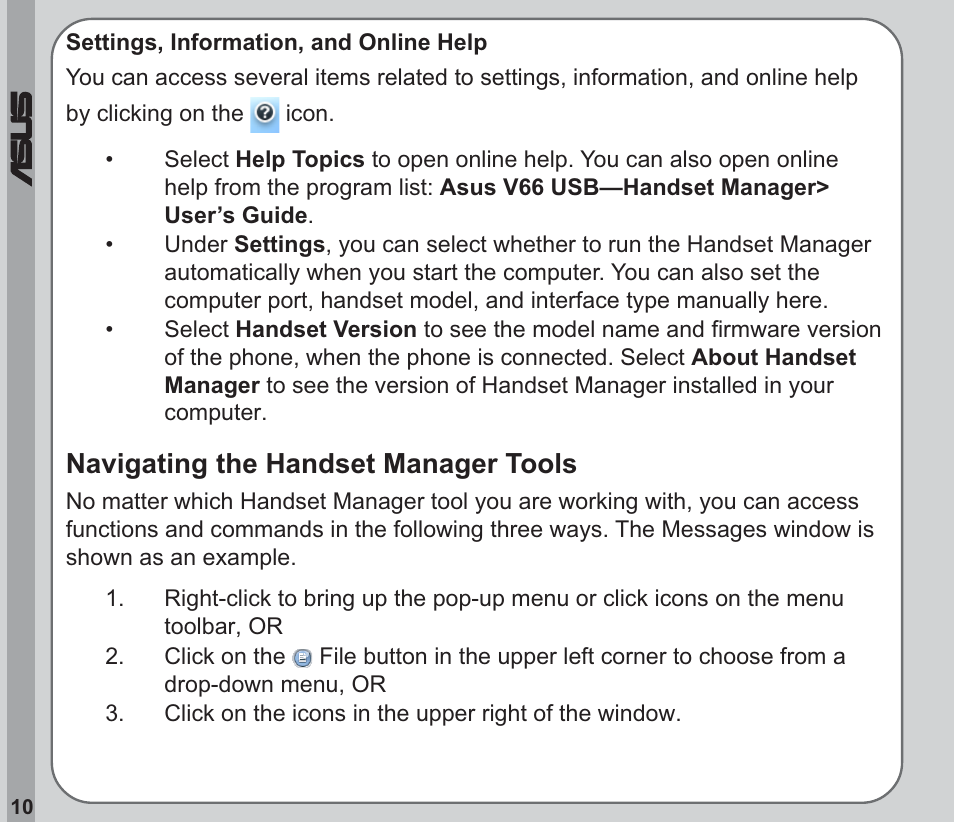 Navigating the handset manager tools | Asus V66 User Manual | Page 14 / 50