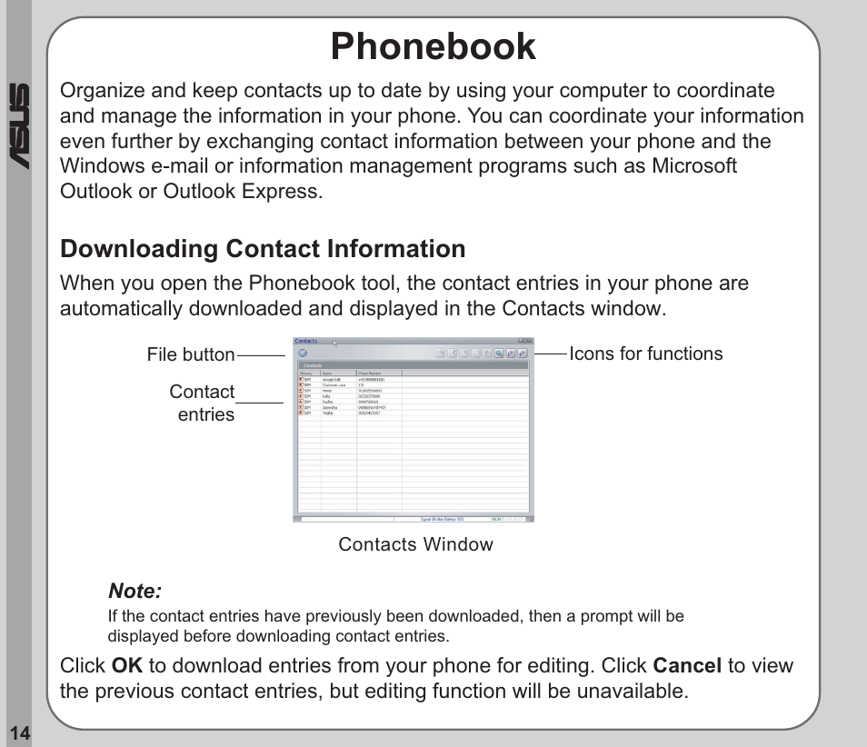 Phonebook, Downloading contact information | Asus V66 User Manual | Page 18 / 50