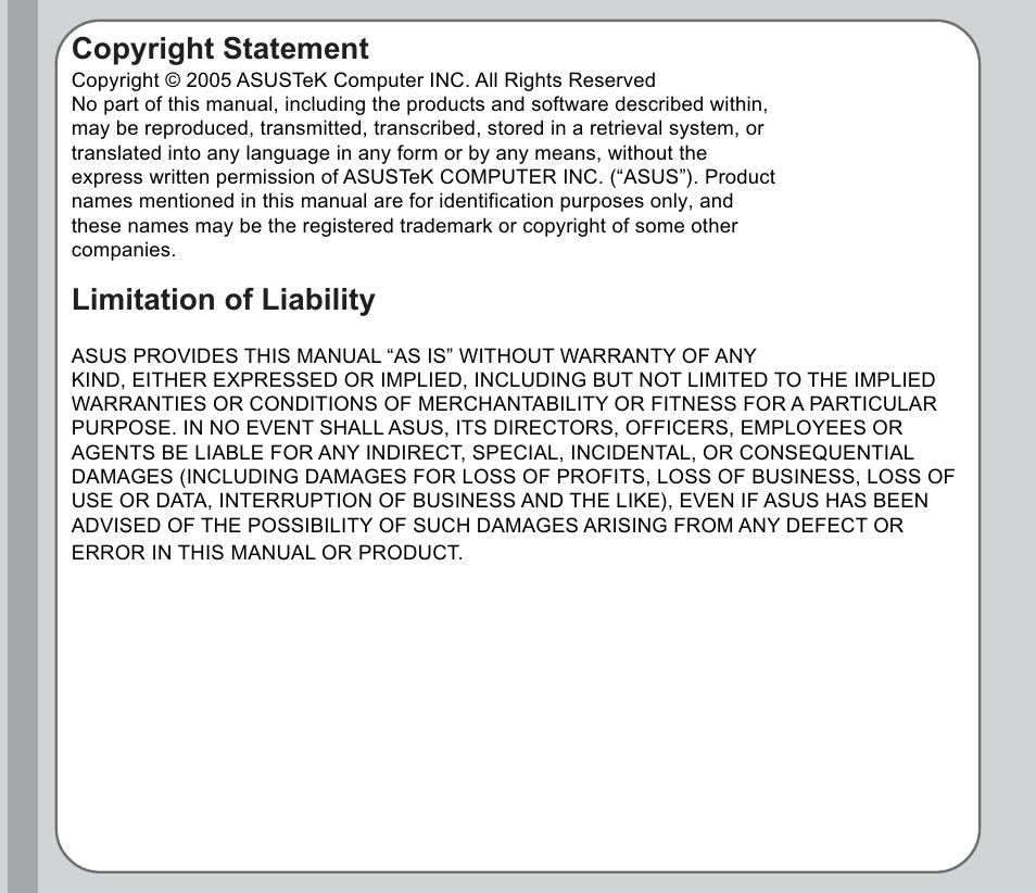 Copyright statement, Limitation of liability | Asus V66 User Manual | Page 2 / 50