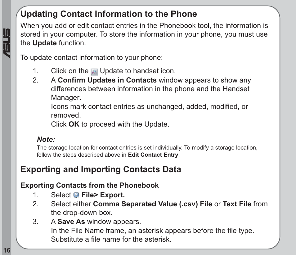 Updating contact information to the phone, Exporting and importing contacts data | Asus V66 User Manual | Page 20 / 50