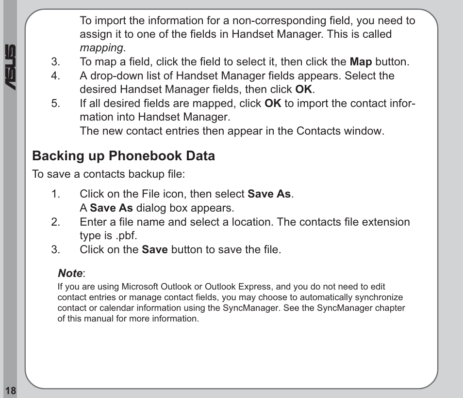 Backing up phonebook data | Asus V66 User Manual | Page 22 / 50