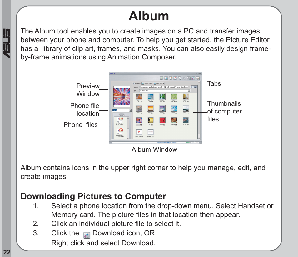 Album, Downloading pictures to computer | Asus V66 User Manual | Page 26 / 50