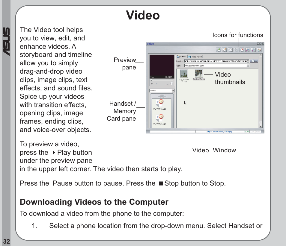 Video, Downloading videos to the computer | Asus V66 User Manual | Page 36 / 50