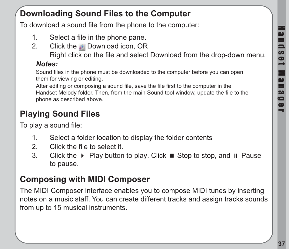 Downloading sound files to the computer, Playing sound files, Composing with midi composer | Asus V66 User Manual | Page 41 / 50