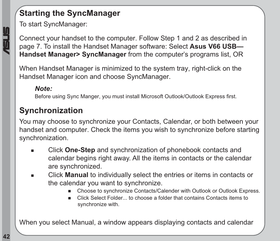 Starting the syncmanager, Synchronization, Starting the syncmanager synchronization | Asus V66 User Manual | Page 46 / 50