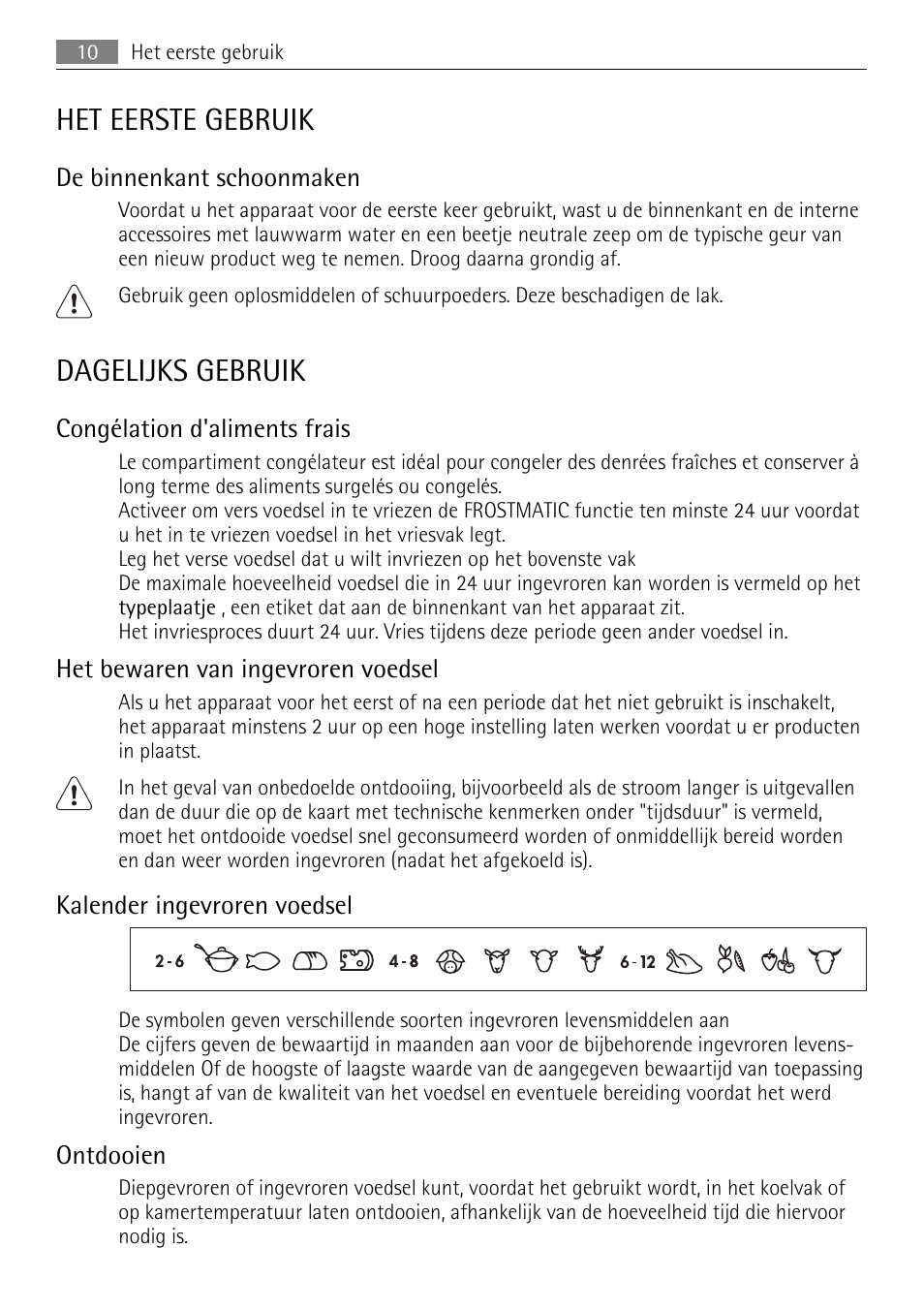 Het eerste gebruik, Dagelijks gebruik, De binnenkant schoonmaken | Congélation d'aliments frais, Het bewaren van ingevroren voedsel, Kalender ingevroren voedsel, Ontdooien | AEG AGN81800F0 User Manual | Page 10 / 96