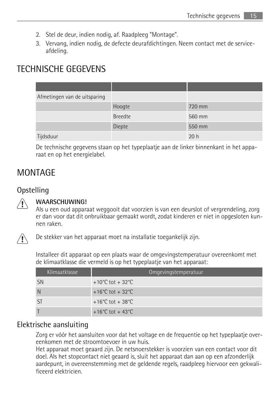 Technische gegevens, Montage, Opstelling | Elektrische aansluiting | AEG AGN81800F0 User Manual | Page 15 / 96