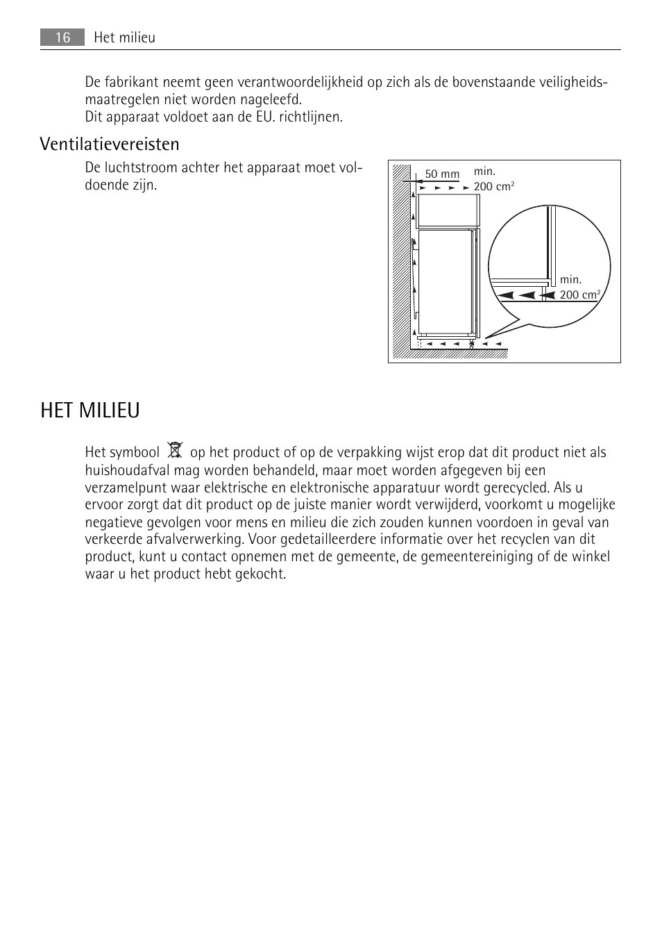 Het milieu, Ventilatievereisten | AEG AGN81800F0 User Manual | Page 16 / 96