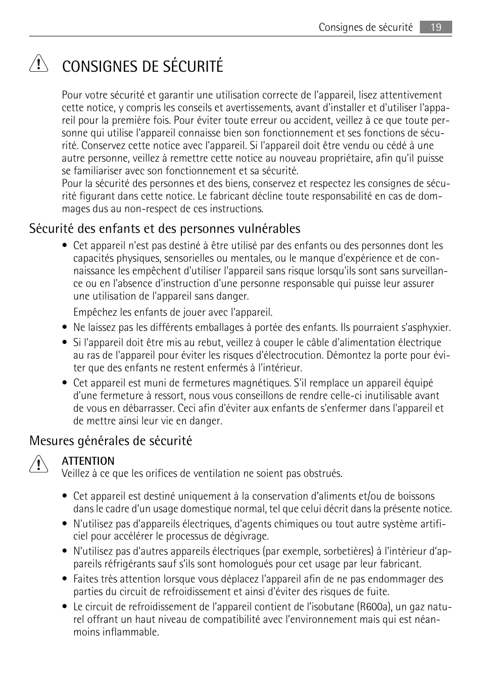 Consignes de sécurité, Sécurité des enfants et des personnes vulnérables, Mesures générales de sécurité | AEG AGN81800F0 User Manual | Page 19 / 96