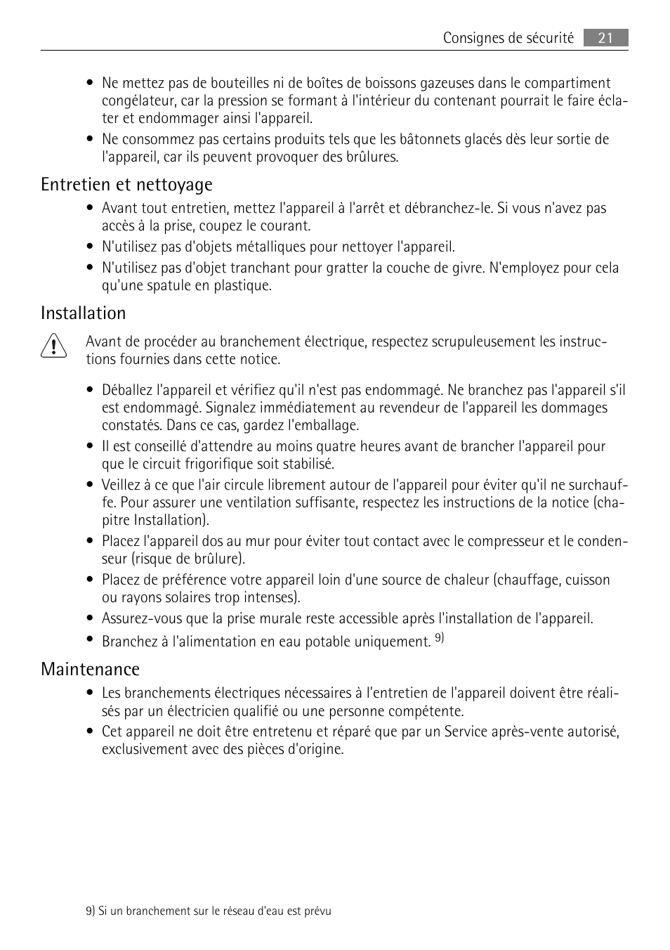 Entretien et nettoyage, Installation, Maintenance | AEG AGN81800F0 User Manual | Page 21 / 96