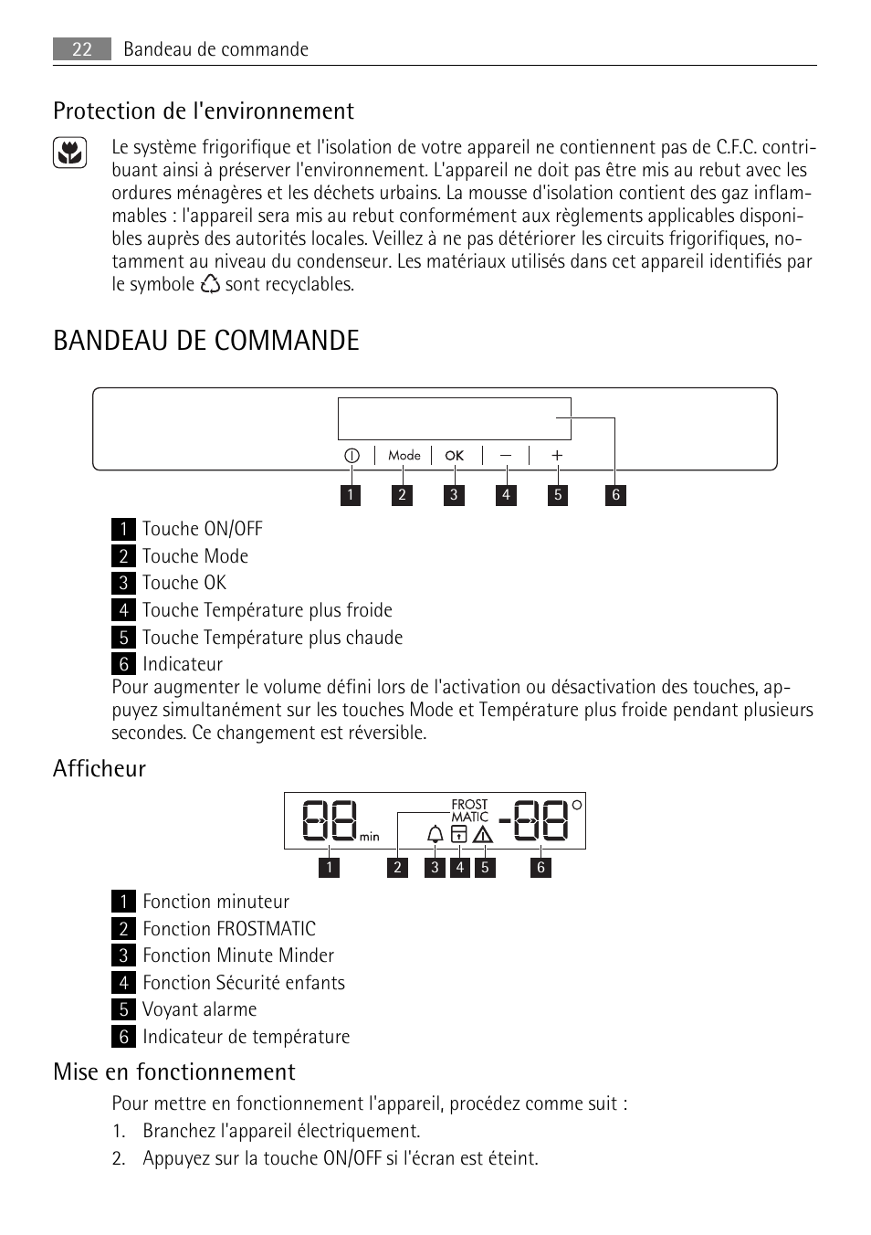 Bandeau de commande, Protection de l'environnement, Afficheur | Mise en fonctionnement | AEG AGN81800F0 User Manual | Page 22 / 96