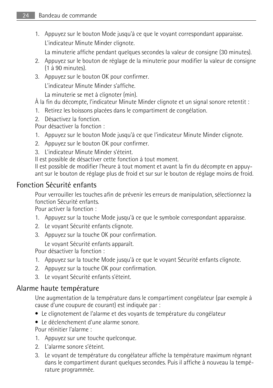 Fonction sécurité enfants, Alarme haute température | AEG AGN81800F0 User Manual | Page 24 / 96