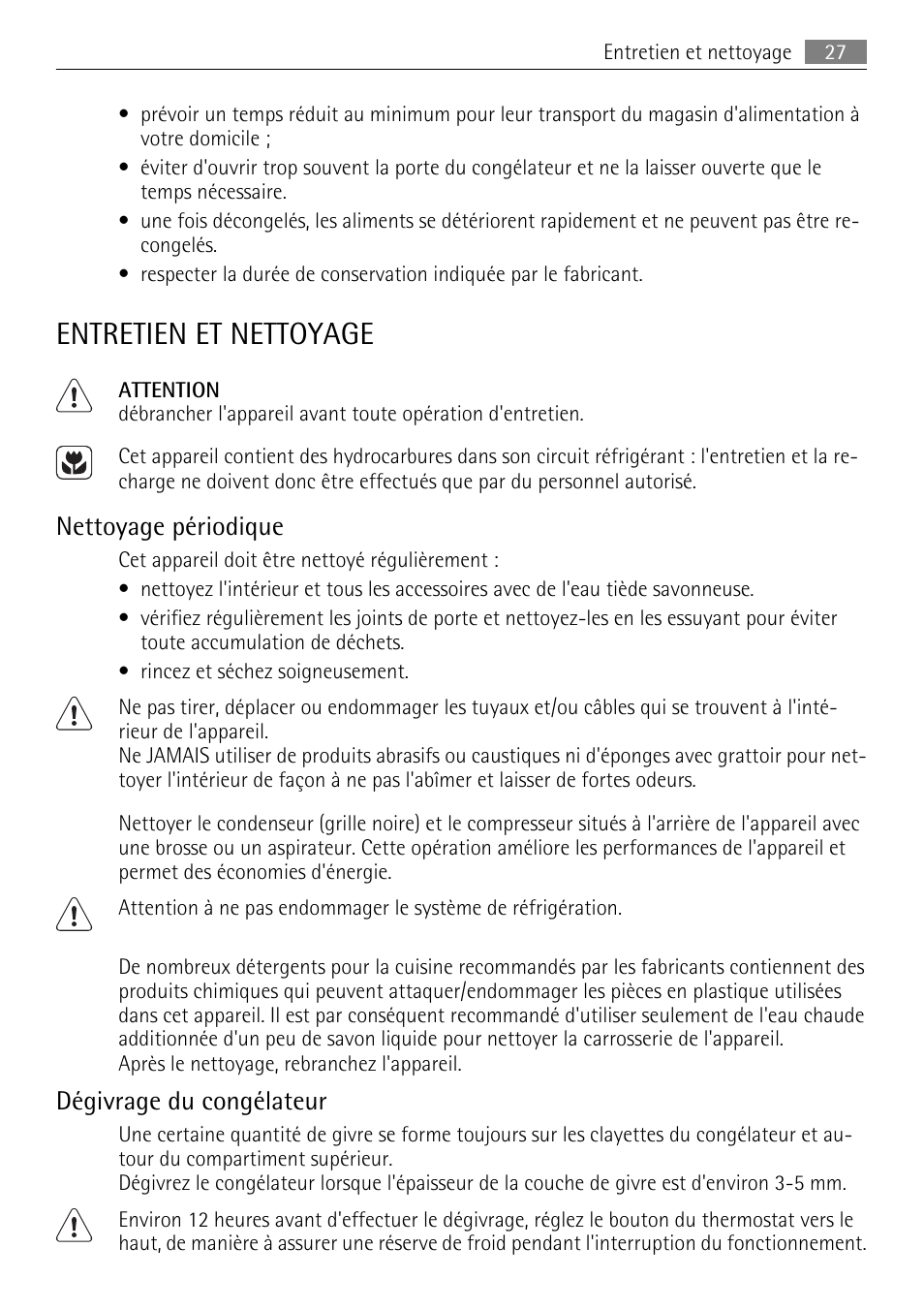 Entretien et nettoyage, Nettoyage périodique, Dégivrage du congélateur | AEG AGN81800F0 User Manual | Page 27 / 96