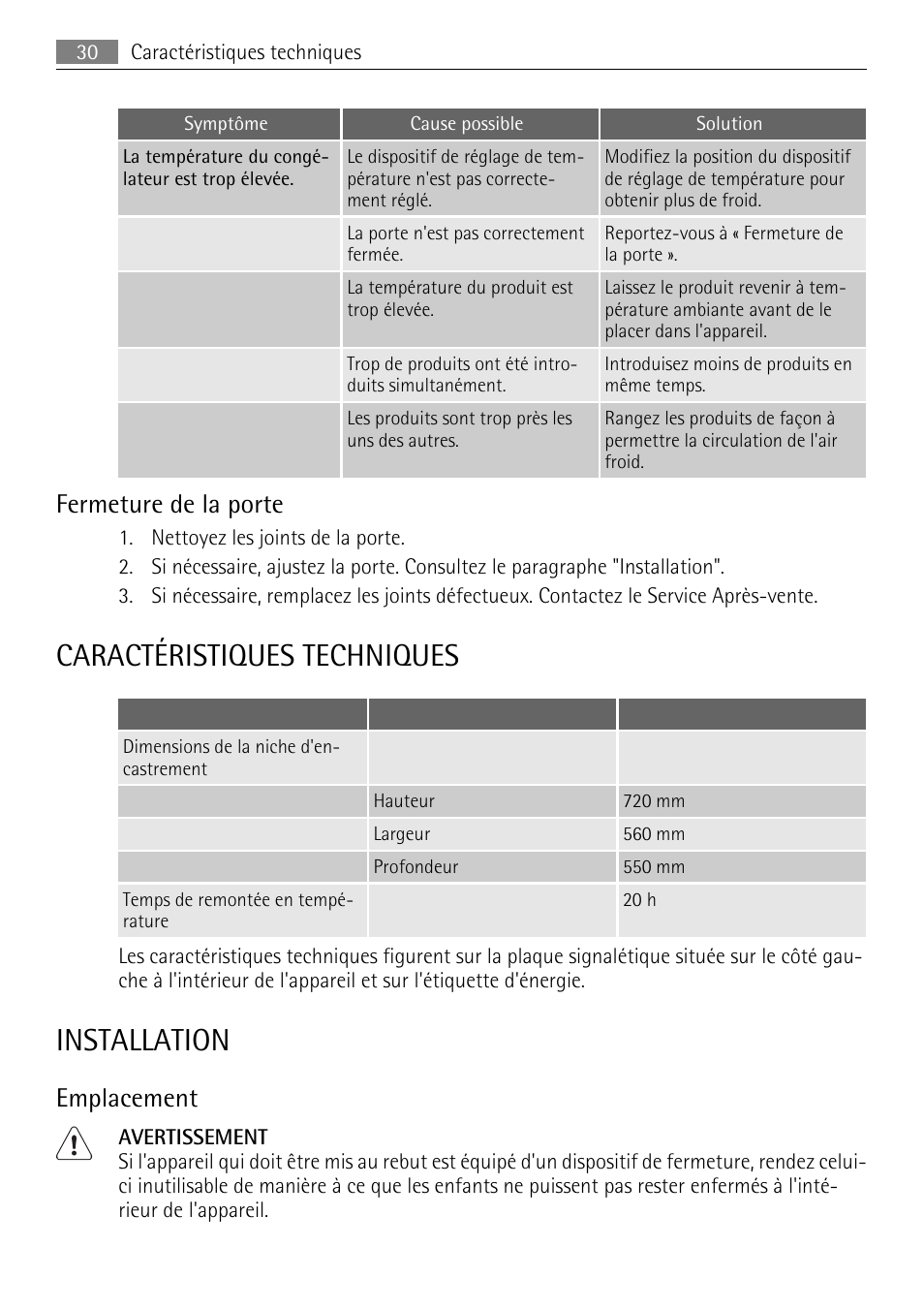 Caractéristiques techniques, Installation, Fermeture de la porte | Emplacement | AEG AGN81800F0 User Manual | Page 30 / 96