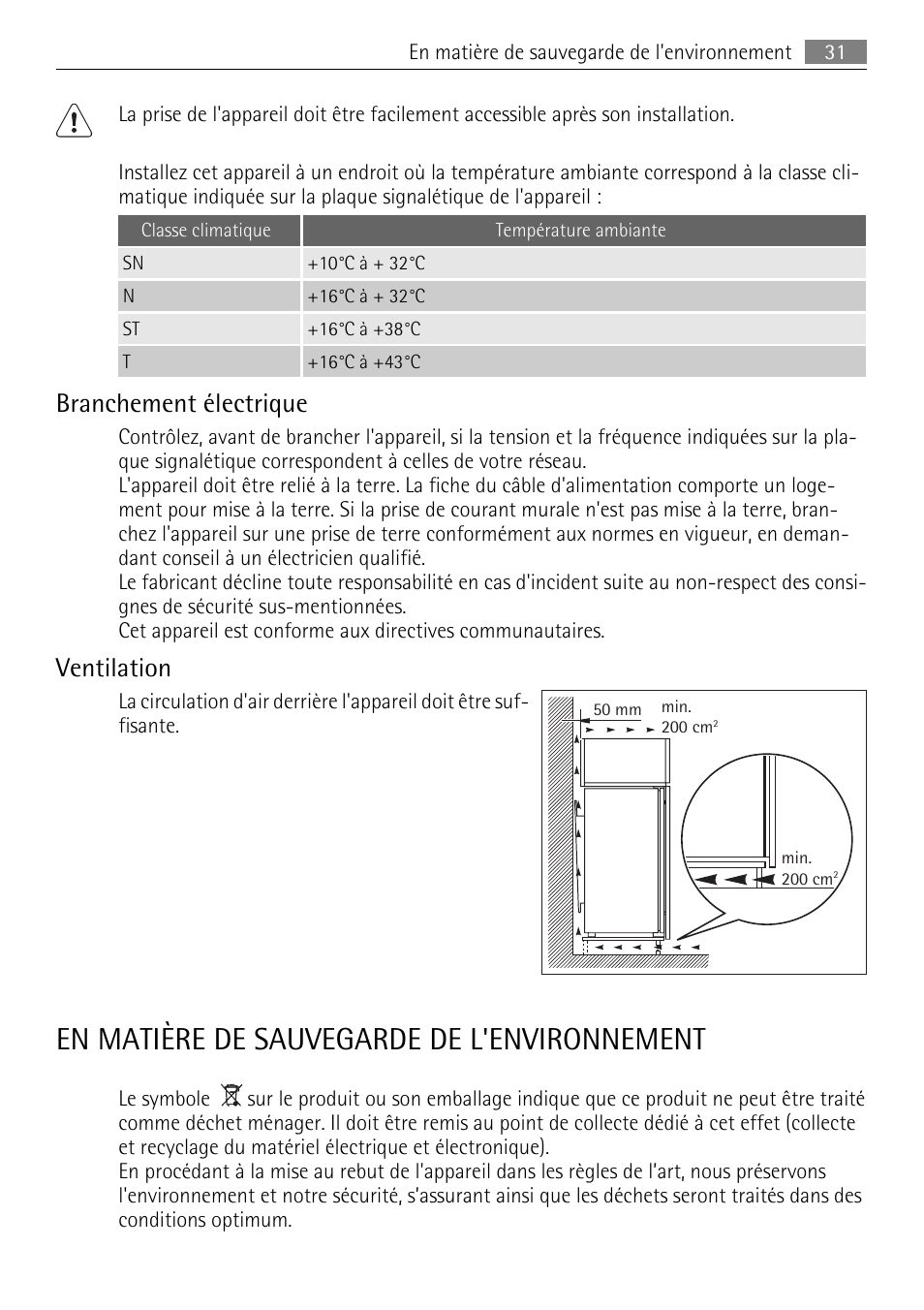 En matière de sauvegarde de l'environnement, Branchement électrique, Ventilation | AEG AGN81800F0 User Manual | Page 31 / 96