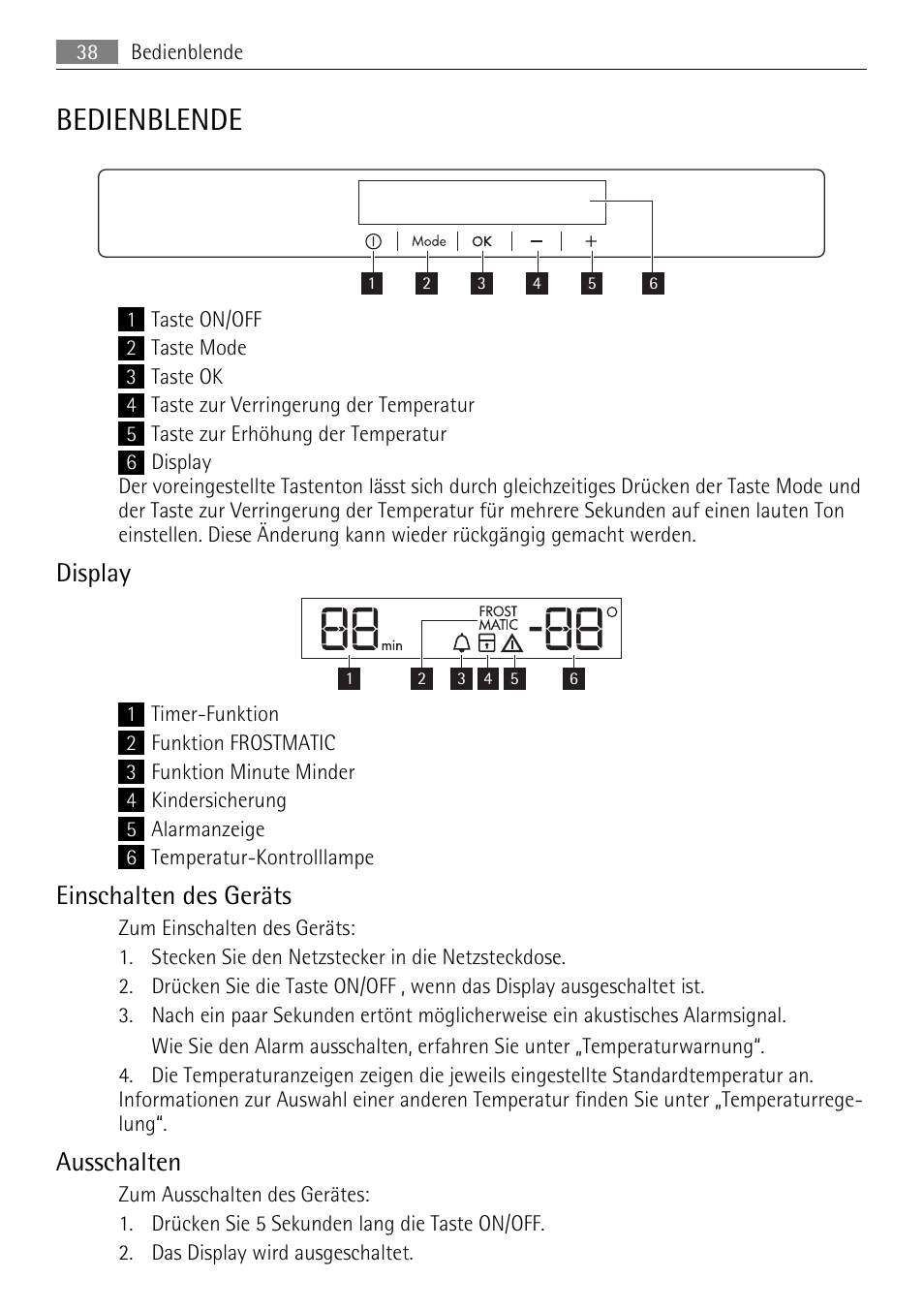 Bedienblende, Display, Einschalten des geräts | Ausschalten | AEG AGN81800F0 User Manual | Page 38 / 96