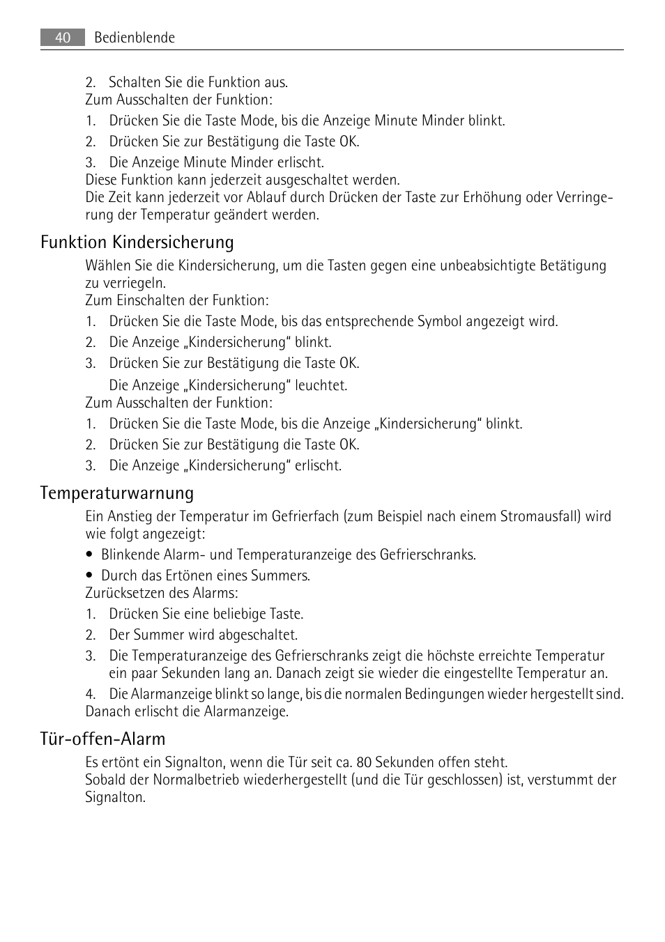 Funktion kindersicherung, Temperaturwarnung, Tür-offen-alarm | AEG AGN81800F0 User Manual | Page 40 / 96