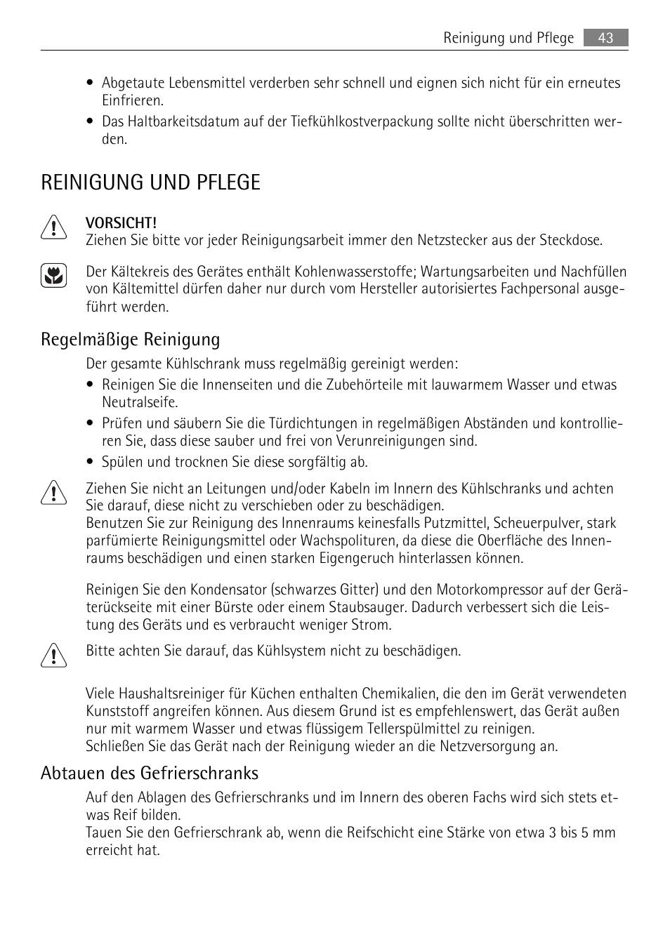 Reinigung und pflege, Regelmäßige reinigung, Abtauen des gefrierschranks | AEG AGN81800F0 User Manual | Page 43 / 96