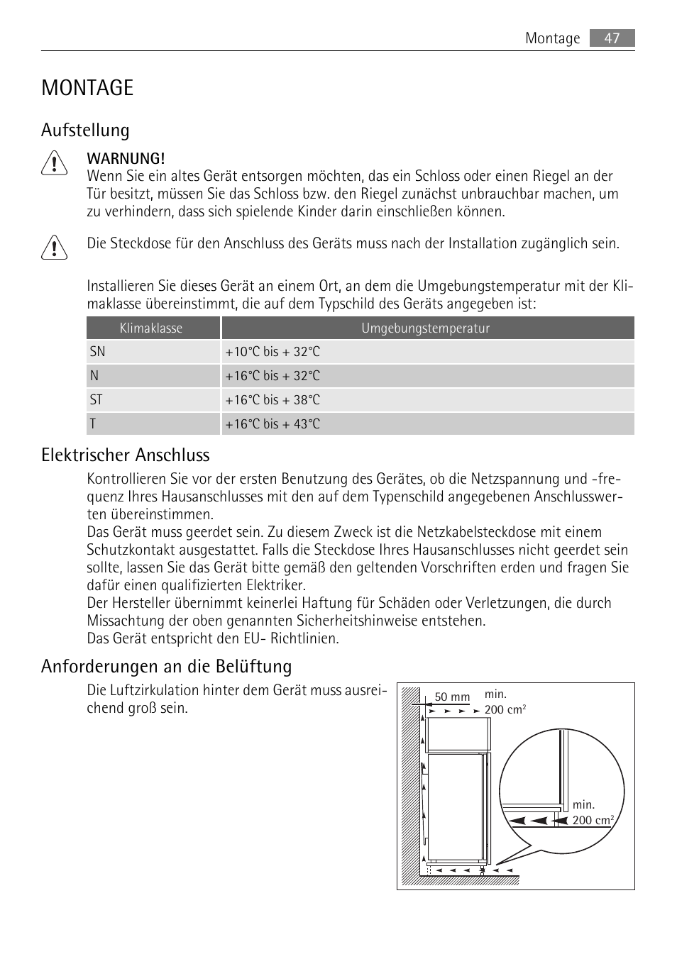 Montage, Aufstellung, Elektrischer anschluss | Anforderungen an die belüftung | AEG AGN81800F0 User Manual | Page 47 / 96