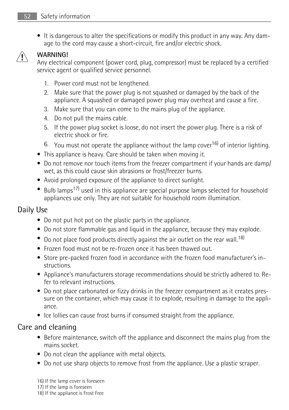 Daily use, Care and cleaning | AEG AGN81800F0 User Manual | Page 52 / 96