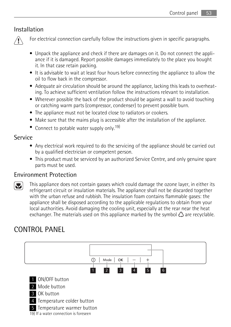 Control panel, Installation, Service | Environment protection | AEG AGN81800F0 User Manual | Page 53 / 96