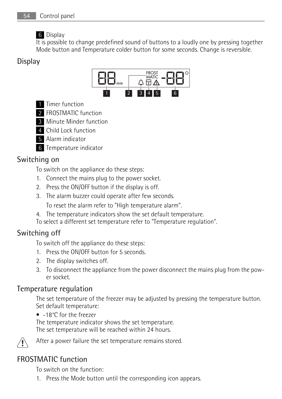 Display, Switching on, Switching off | Temperature regulation, Frostmatic function | AEG AGN81800F0 User Manual | Page 54 / 96