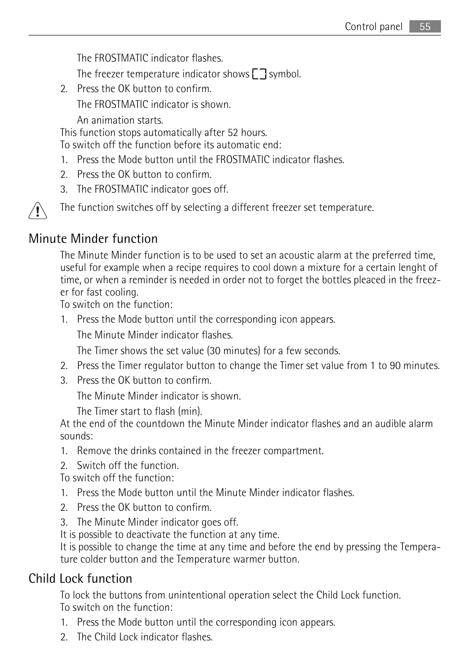 Minute minder function, Child lock function | AEG AGN81800F0 User Manual | Page 55 / 96