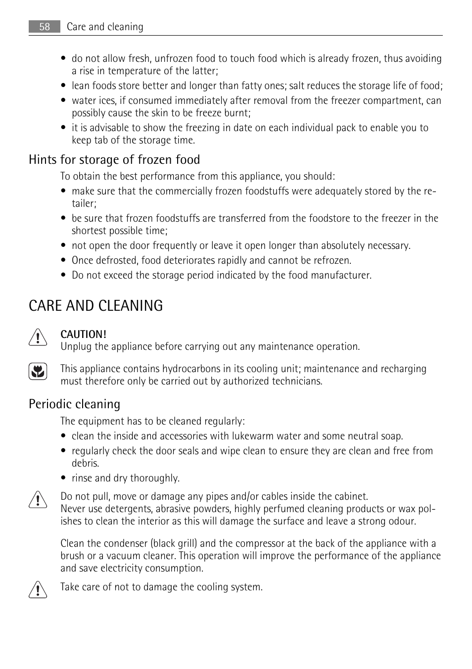 Care and cleaning, Hints for storage of frozen food, Periodic cleaning | AEG AGN81800F0 User Manual | Page 58 / 96