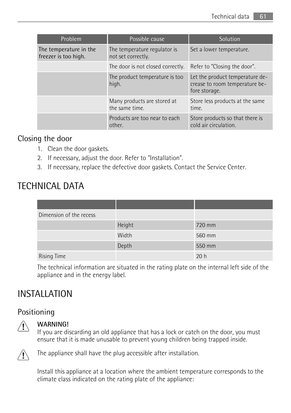 Technical data, Installation, Closing the door | Positioning | AEG AGN81800F0 User Manual | Page 61 / 96