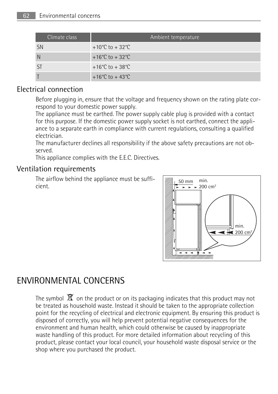 Environmental concerns, Electrical connection, Ventilation requirements | AEG AGN81800F0 User Manual | Page 62 / 96