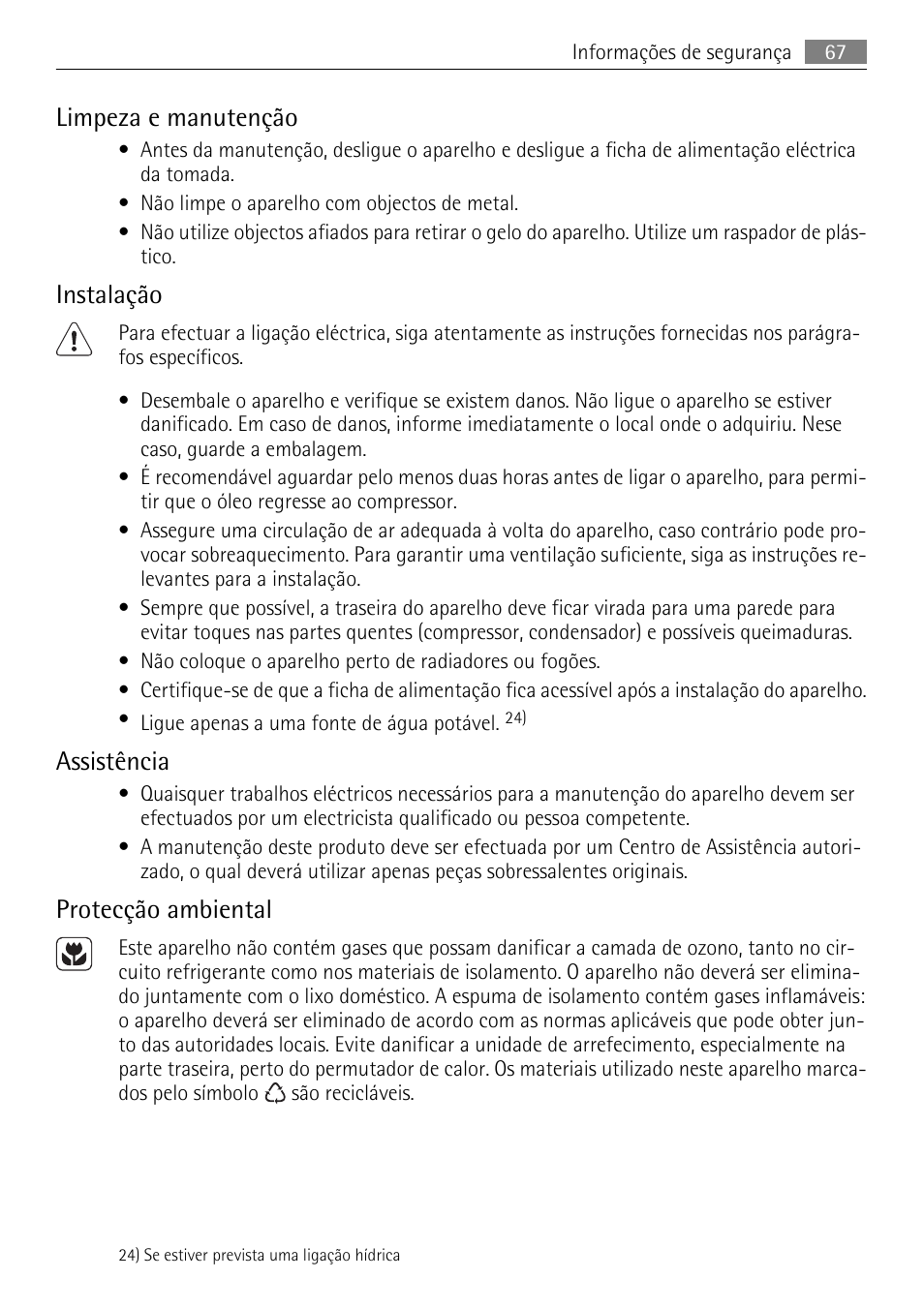 Limpeza e manutenção, Instalação, Assistência | Protecção ambiental | AEG AGN81800F0 User Manual | Page 67 / 96