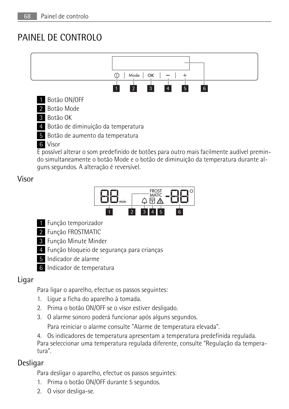 Painel de controlo, Visor, Ligar | Desligar | AEG AGN81800F0 User Manual | Page 68 / 96