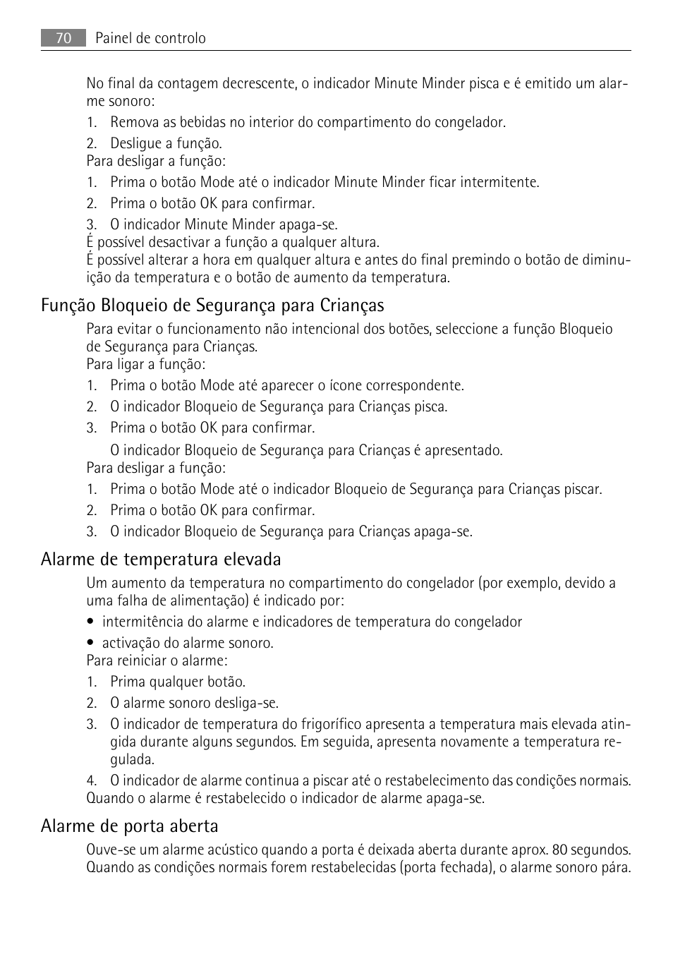 Função bloqueio de segurança para crianças, Alarme de temperatura elevada, Alarme de porta aberta | AEG AGN81800F0 User Manual | Page 70 / 96