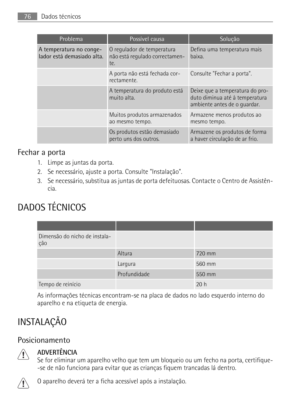 Dados técnicos, Instalação, Fechar a porta | Posicionamento | AEG AGN81800F0 User Manual | Page 76 / 96