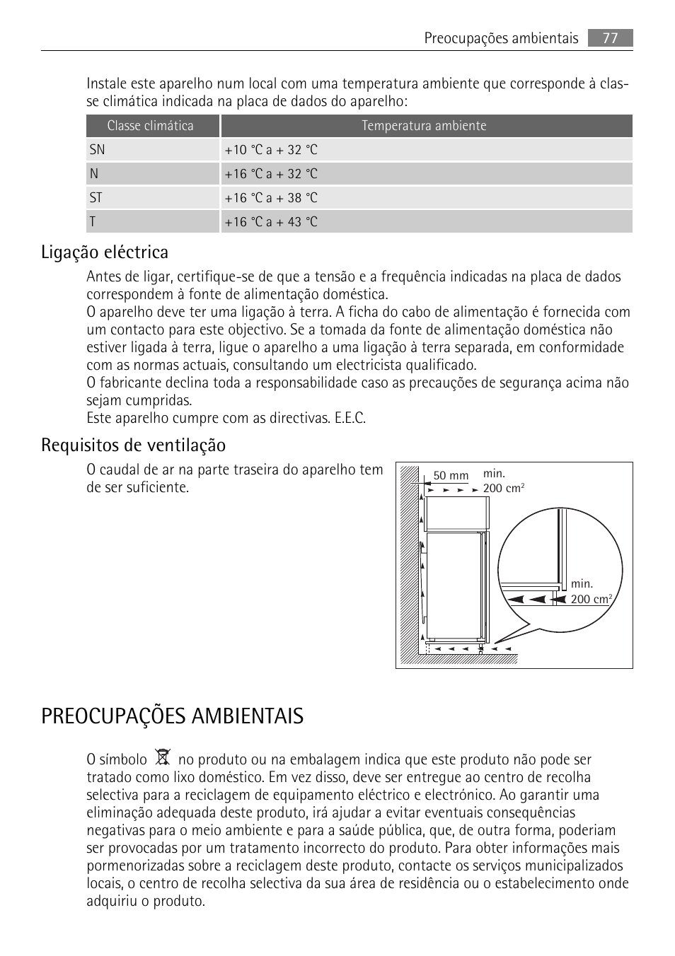 Preocupações ambientais, Ligação eléctrica, Requisitos de ventilação | AEG AGN81800F0 User Manual | Page 77 / 96