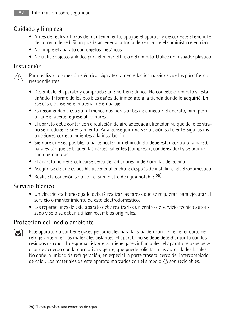 Cuidado y limpieza, Instalación, Servicio técnico | Protección del medio ambiente | AEG AGN81800F0 User Manual | Page 82 / 96