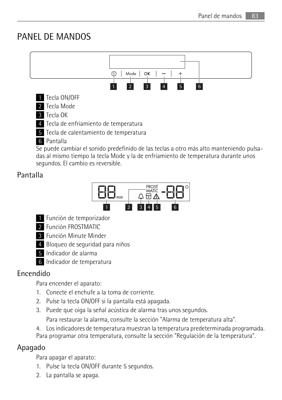 Panel de mandos, Pantalla, Encendido | Apagado | AEG AGN81800F0 User Manual | Page 83 / 96