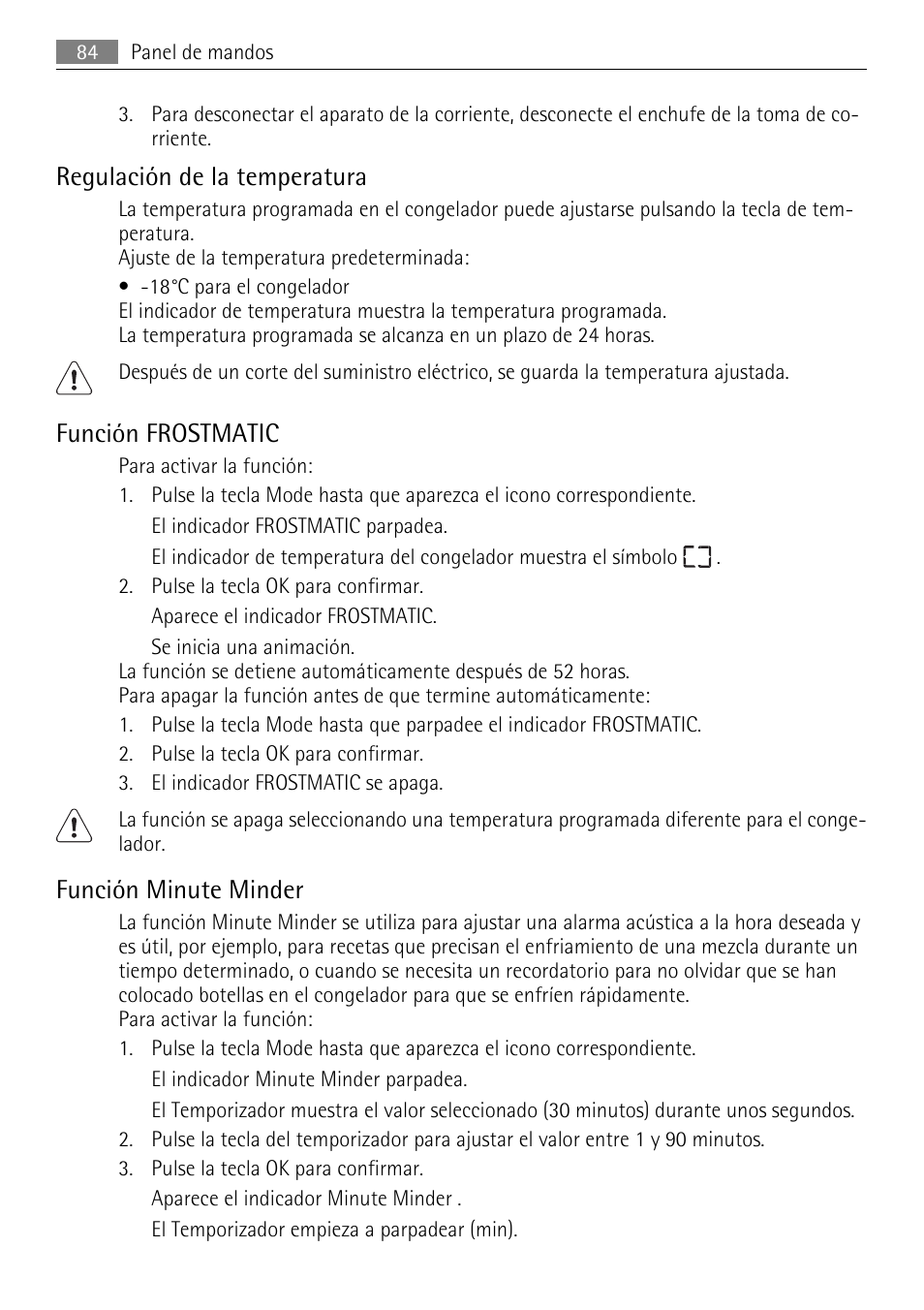 Regulación de la temperatura, Función frostmatic, Función minute minder | AEG AGN81800F0 User Manual | Page 84 / 96